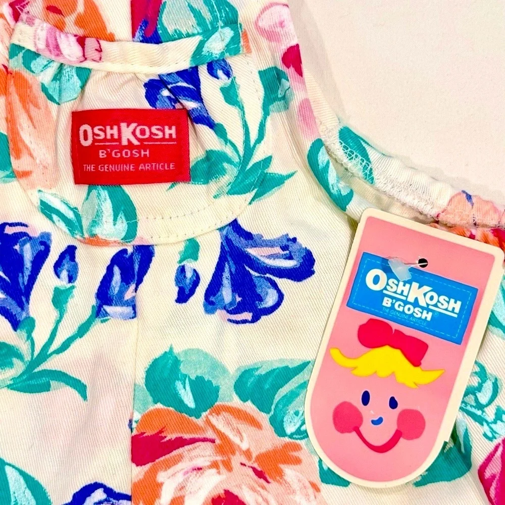 New Vintage OshKosh B'gosh Floral Overalls Girls 18M Vestback Pink Label USA 90s